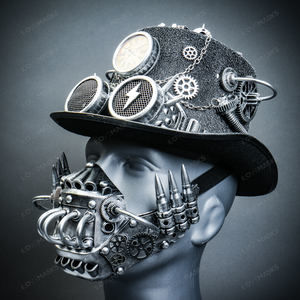 Silver Steampunk Lightning Goggle Top Hat w/ Silver Robot Mask Halloween Costume